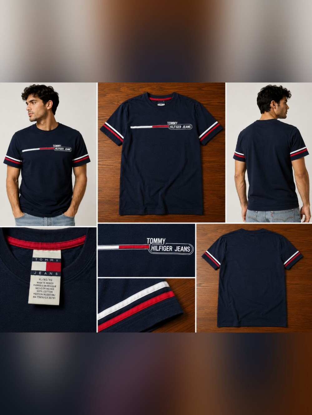 Tommy Hilfiger Navy Tee with Red & White Stripe Accents